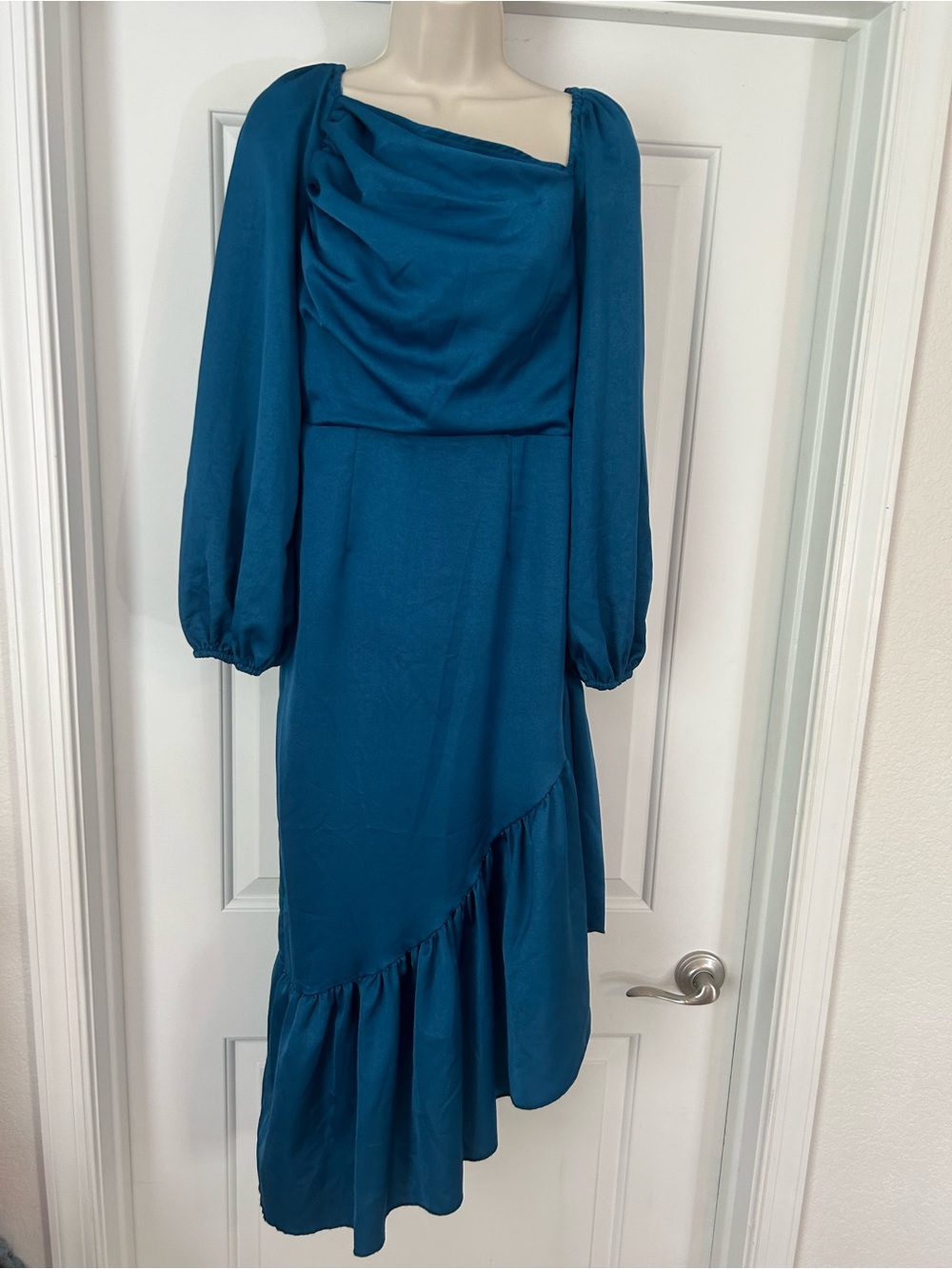 SHEIN Teal Long Sleeve Draped Midi Dress